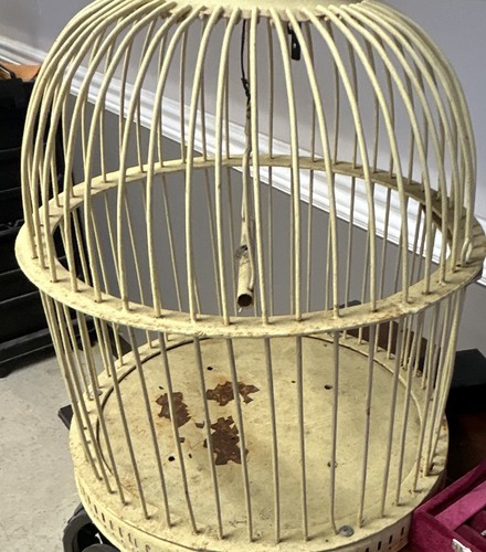 Vintage Beige Metal Hanging Wire Bird Cage, Dometop Dome Top Cage Style