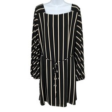 LOFT Striped Dress Womens Sz L Black Square Neck Belted Professional Minimalist