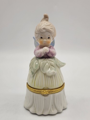 Porcelain Hinged Flower Fairy Trinket Box Floral Pixie Butterfly Wings 5.5"