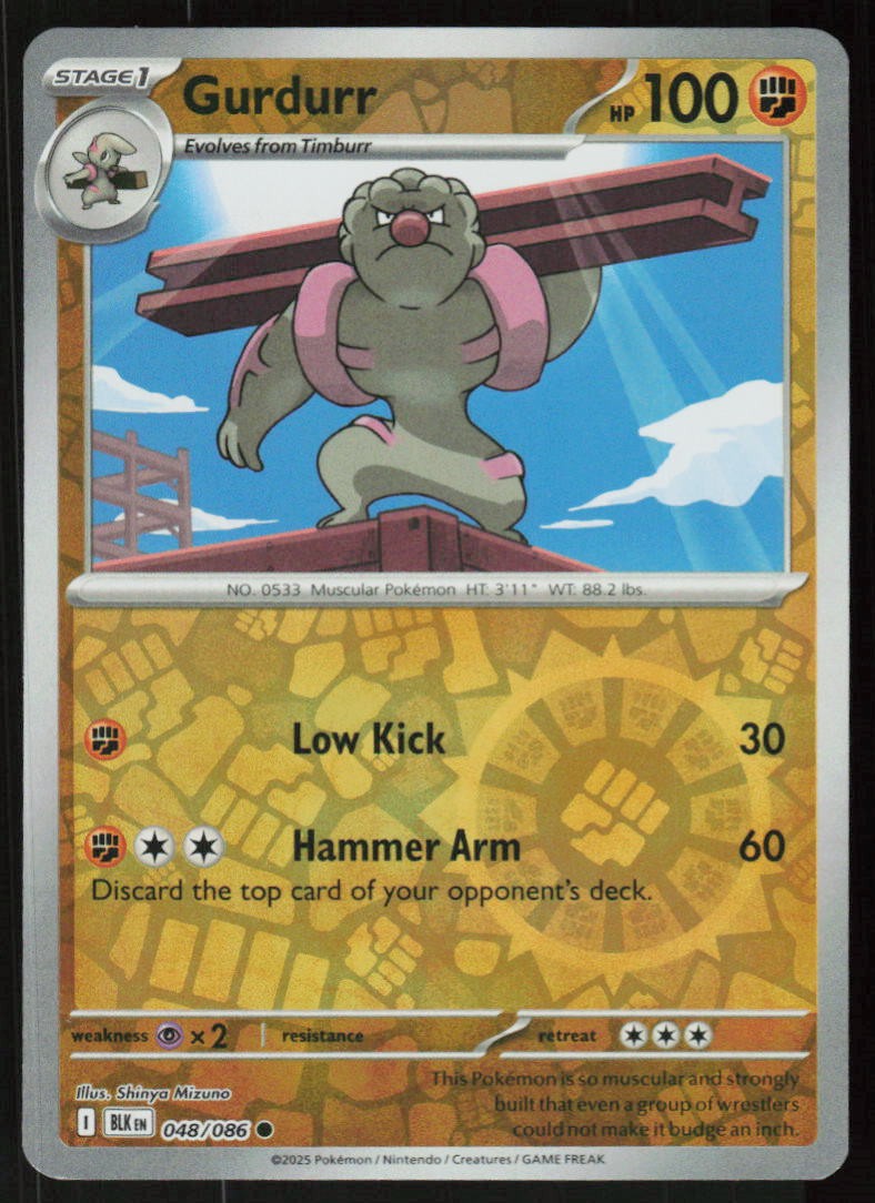 Gurdurr 048/086 Common Black Bolt Pokemon Reverse Holo Near Mint