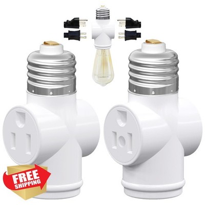 2 Pack Light Socket to Plug Adapter E26 to 3-Prong Outlet White