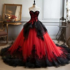 Red With Black Gothic Wedding Dress Ruffles Strapless Corset Ball Gown Tulle