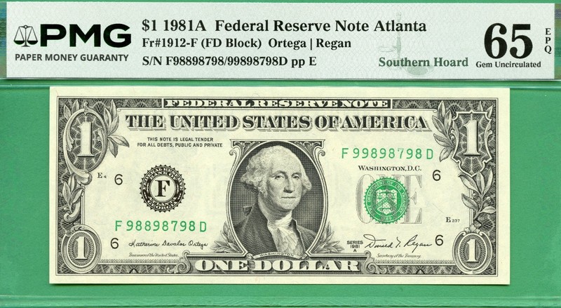 ERROR - MISMATCHED SERIAL - 1981A $1 FRN - PMG GEM 66 EPQ - ALMOST BINARY SERIAL