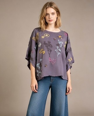 NWOT Johnny Was Biya Floral Butterfly Embroidered Blouse Grayish Purple Size M