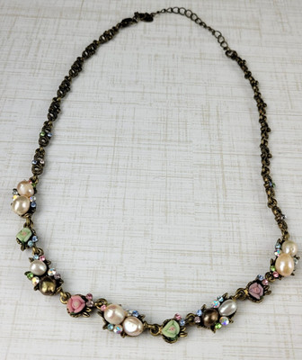 Cookie Lee Romantic Faux Pearl Rhinestone Rose Dainty Necklace 17'' Adjustable