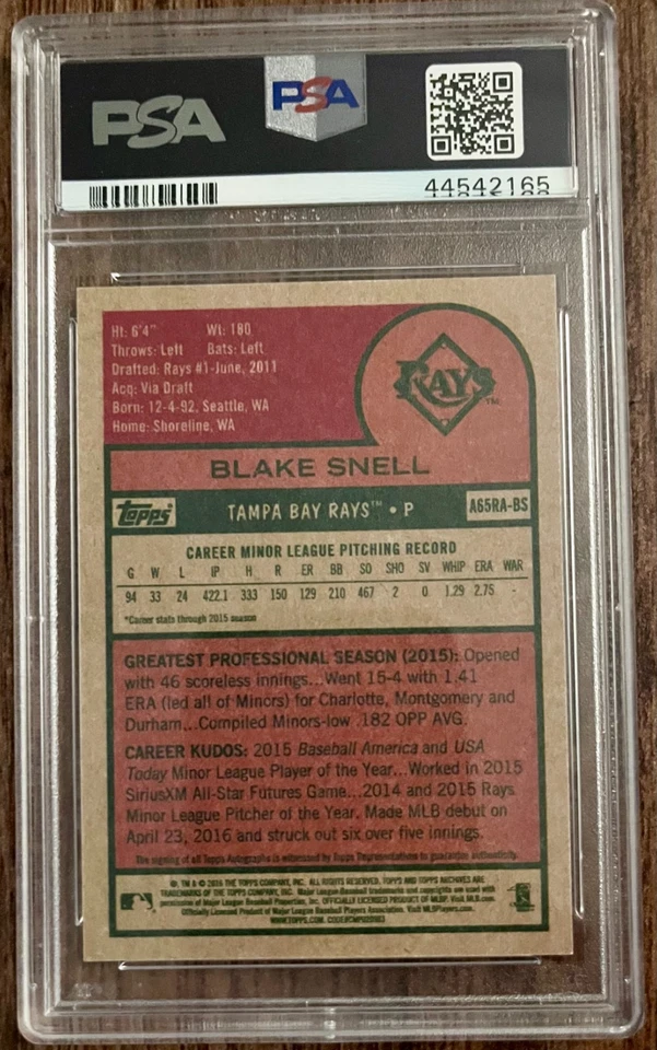 BLAKE SNELL 2016 Topps Archives 65th Anniversary Auto RC PSA 10 GEM MT - Image 2 of 2