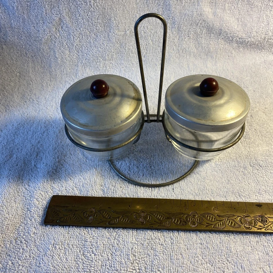Vintage Glasbake Condiment Jars Metal Carrier 1950s Kitchen Storage Jar Set Deco - Image 3 of 4