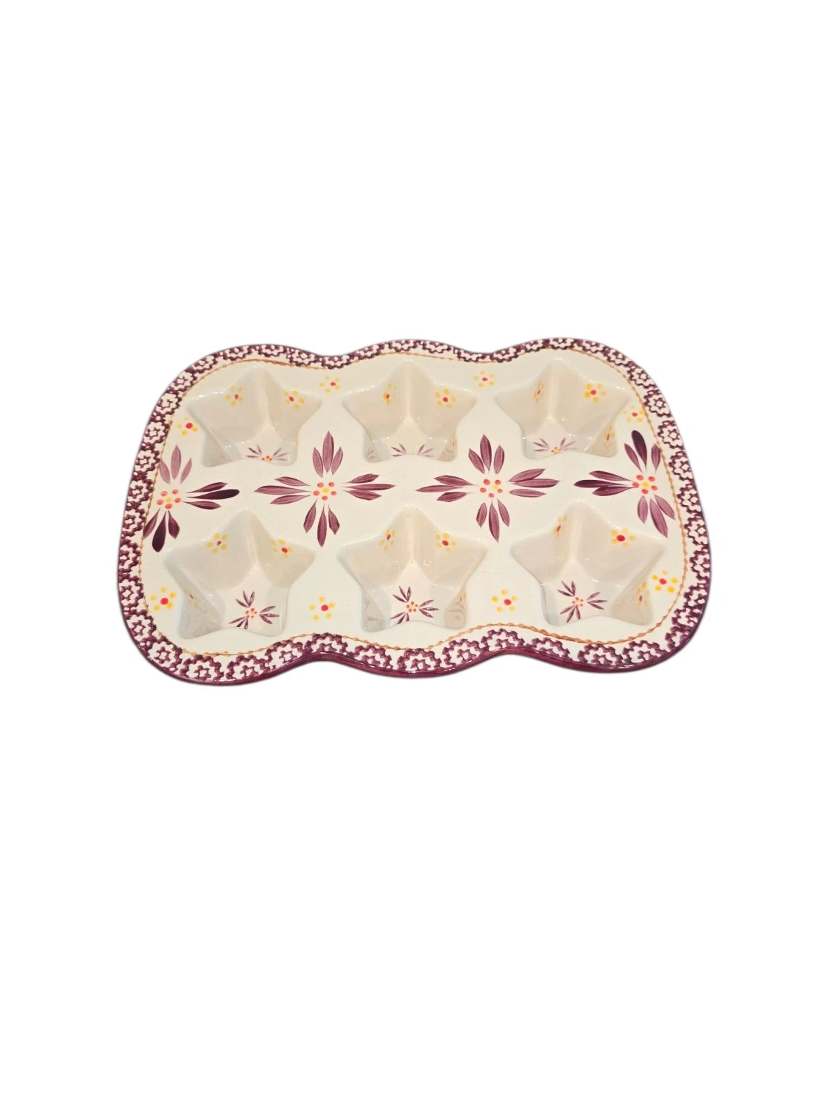 Temptations Old World Purple Hand Painted Ceramic Star Shaped 6/ Muffin Pan