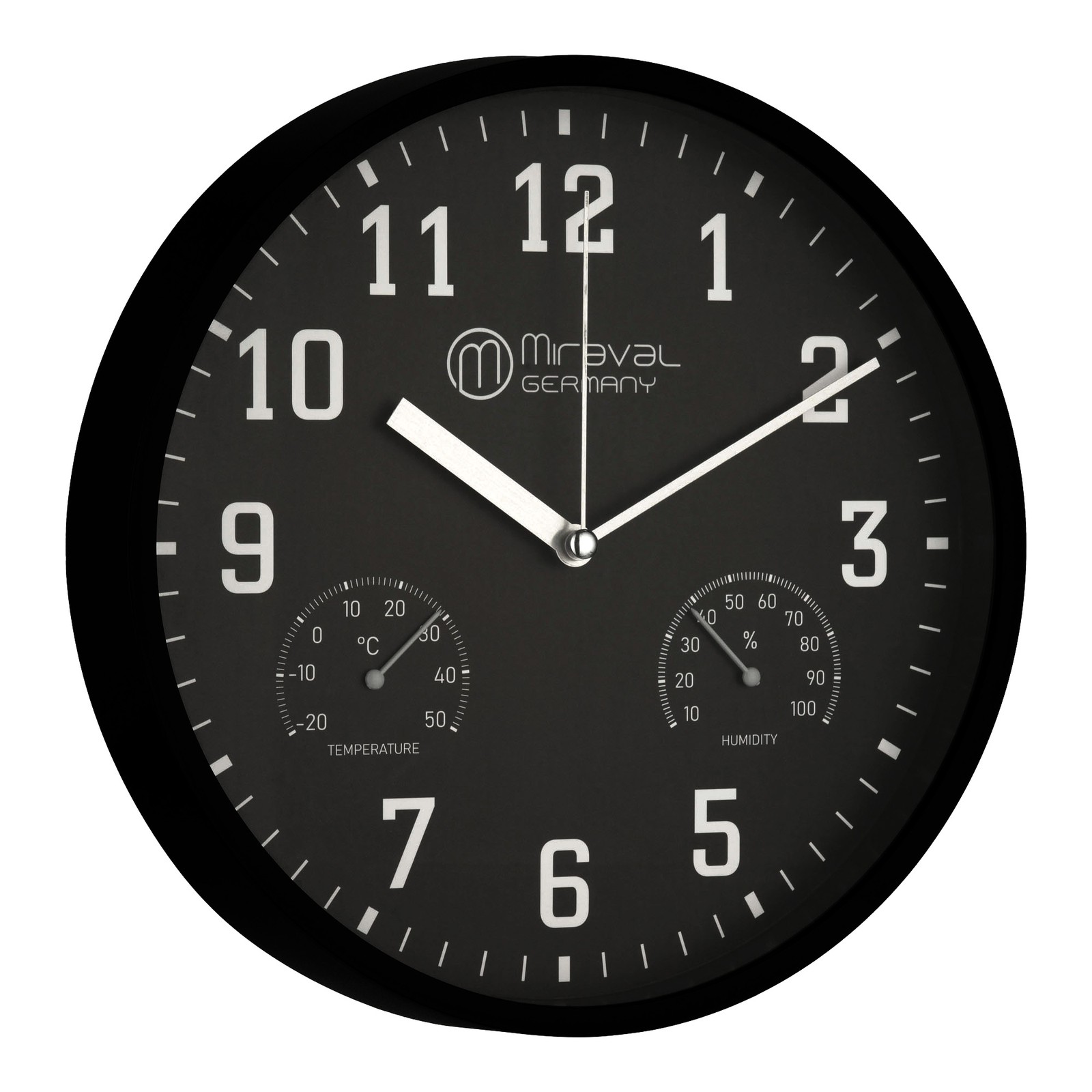 Moderne Wanduhr mit Thermometer Hygrometer Geräuschlos 250 mm Küchenuhr