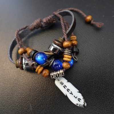 Shayla Personalized Boho Bracelet Leather Stack Hippie Indie Name Blue Beads