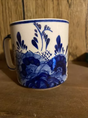 Vtg Delfts Blue Blauw Hand Painted Small Ceramic Mug Flower Windmill #1