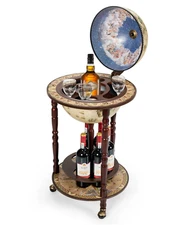 Old World Wooden Globe Rolling Beverage Bar Serving Drink Liquor Cart Wine Rack