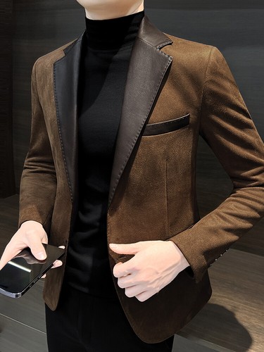 Suede Casual Suit Jacket Men Autumn Leather Business Formal Two Button Coat Suit - Picture 1 of 23