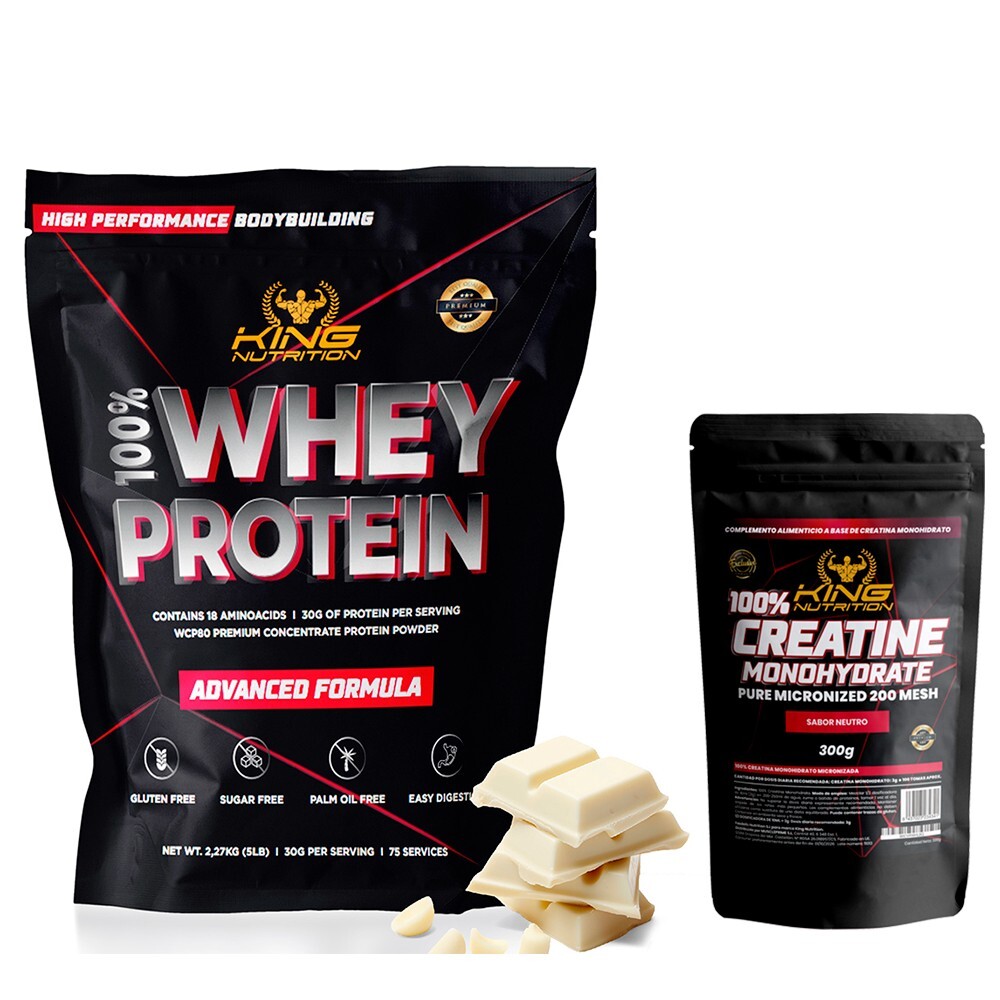 100% WHEY PROTEIN 2.27kg KING NUTRITION Proteina Chocolate Blanco+Creatina 300g