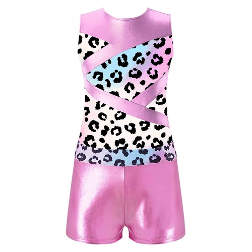 Kids Girls Sleeveless Dance Gymnastic Sports Set Printed Leotard Shorts Swimwear - Picture 3 of 25