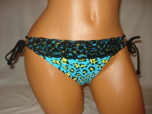 Bongo Swim Bikini Bottom Small Blue Yellow Leopard Black Lace String Animal New - Picture 1 of 3