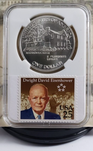 1990-W Eisenhower Commemorative Silver Dollar with Vintage Stamps - Nice! W13 - Picture 6 of 10