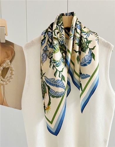 100% Mulberry Silk Square Soft Scarf Womens Neck Shawl Wrap Bird Print Blue Pink - Picture 3 of 10