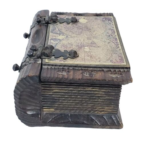 Geschnitzte Holz alte Weltkarte Vintage Schmuck/Bibel Buch Box geschnitzt Made in Spain - Bild 8 von 13