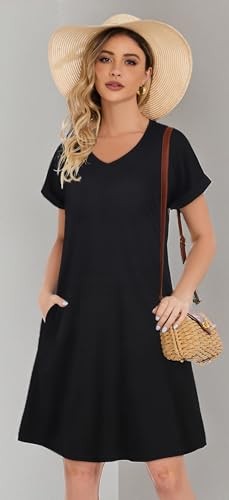 Summer Dresses for Women V Neck Short Sleeve Flowy Tshirt Dress X-Large Black - Picture 3 of 6