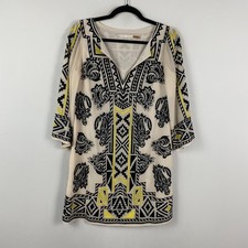 Alice + Olivia Lowell Embroidered Caftan Tunic Mini Dress XS Black Yellow Boho