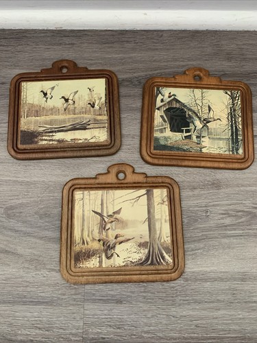 Set of 3 Mid Century Bird Prints on Wood Plaque Wall Art Vintage MCM Decor