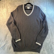 Ben Sherman Mens Gray Cable Knit V Neck Sweater XL Cotton Acrylic Striped Cuffs