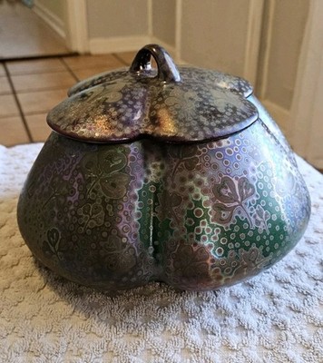 Weller Sicard Art Pottery Iridescent Jar Vase Bowl With Lid Clovers Fler De Lis