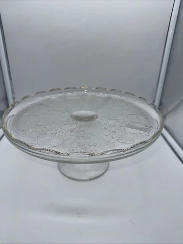 1950's Jeanette Vtg Harp Pedestal Cake Stand Plate 10"Depression Glass Gold Trim