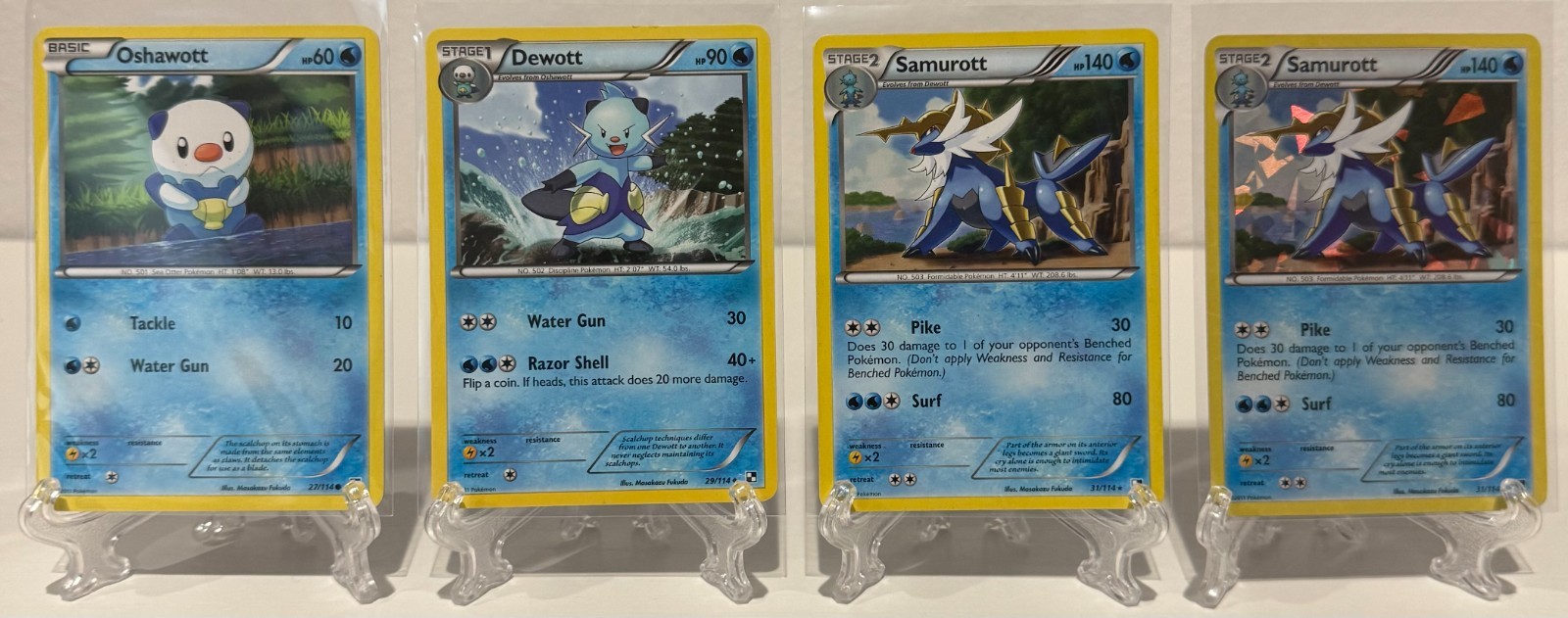 2011 Samurott 31/114 Cracked Ice Holo/Base, Oshawott 27/114, Dewott 29/114 LP