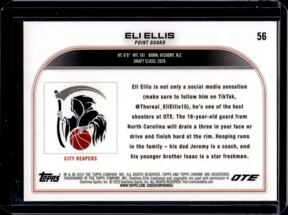 2022-23 Topps Chrome OTE Eli Ellis Refractor RC Aqua OTE Rookie #56 - Image 2 of 2