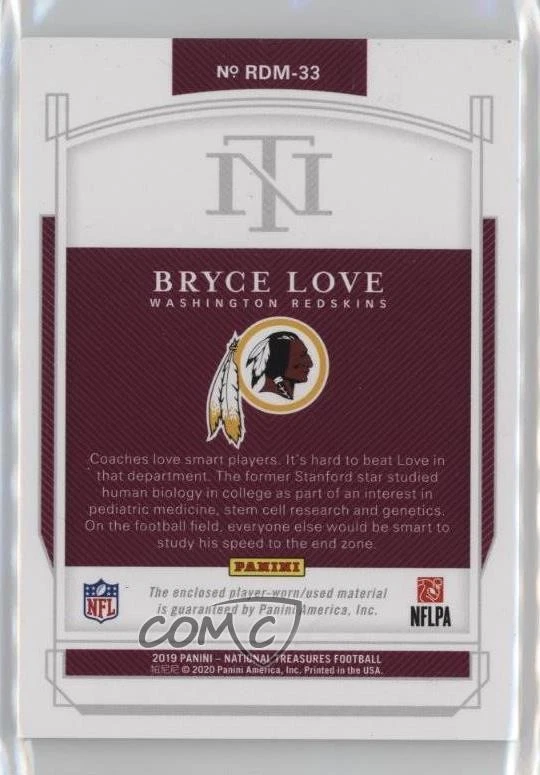 2019 National Treasures Rookie Dual Materials Holo Silver /25 Bryce Love RC - Image 2 of 2