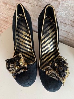 Irregular Choice Designer Pumps schwarz gold Blume Pailletten Gr 39 Absatz 10 cm