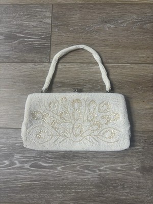 La Regale Beaded Purse White Italian Evening Handbag Retro Date Dance Vtg *Read*