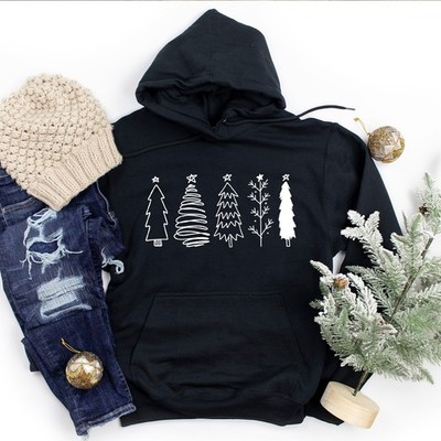 Minimalist Doodle Christmas Tree Hoodie Cute Winter Sketch Sweatshirt Top H-5037