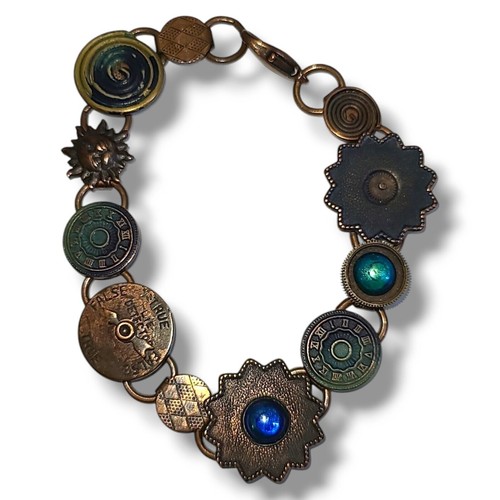 Vintage Kupfer Knopf Armband Schmuck Charms 7,25" blaues Glas & Lügendetektor