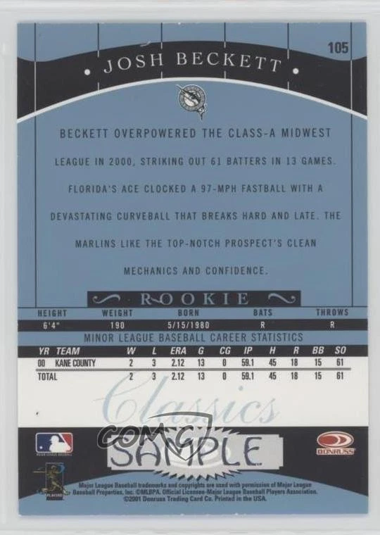 2001 Donruss Classics Rookie Significant Signatures Sample Josh Beckett #105 - Image 2 of 2