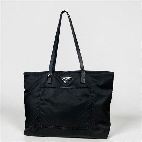 PRADA 1BG052 Tote Bag Black Triangle Logo Used Authentic