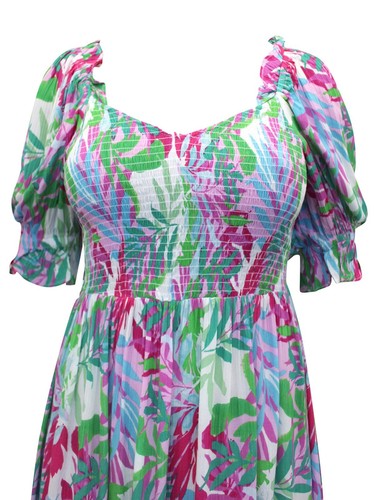 JD Williams Midi Dress TROPICAL Print Puffed Frill Sleeve Crinkle Sizes 10 to 32 - Picture 4 of 5