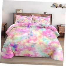 Size Comforter Set with 2 Pillowcases, Pink Yellow Painting Queen Pink Tie Dye