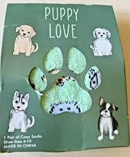 "Puppy Love" ~ Soft & Cozy Fuzzy Socks ~ 1 Pair ~ Green ~ Shoe Size: 4-10 New!