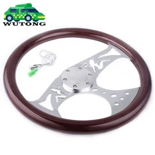 15" 380mm Dark Real Wood Steering Wheel Sliver Chrome Spokes 6 Holes Horn Button
