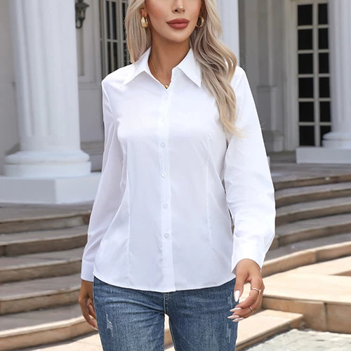 Damen Button Down Shirt Top Bluse Langarm Kragen Einfarbig Büro Arbeit Kleid - Bild 22 von 29