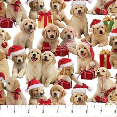 Golden Retriever Christmas Cotton Quilt fabric Northcott 25293-10 Puppies White
