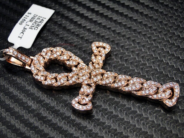 14K Rose Gold ct Diamond Cluster Egyptian Ankh Cross Mens Pendant