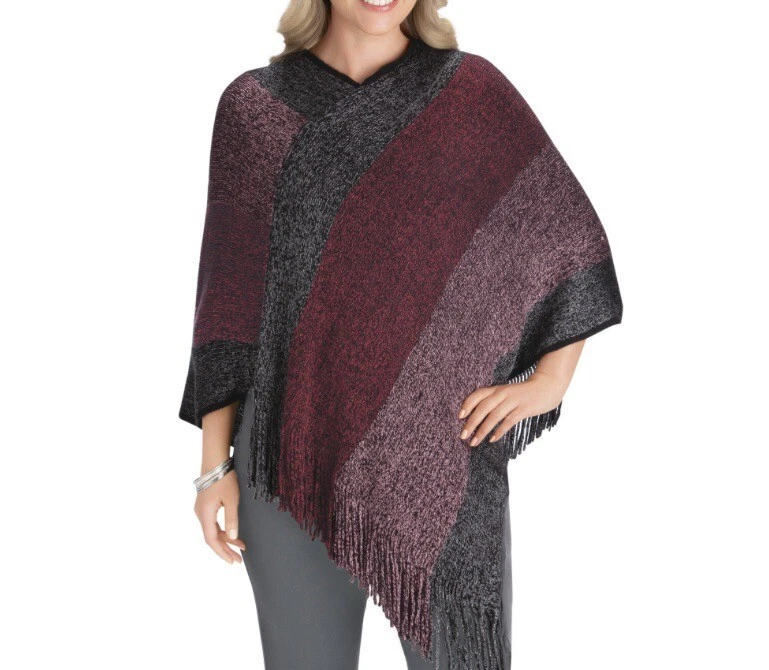 Jack & Missy Knit Poncho With Fringe One Size Black Red Gray Maroon