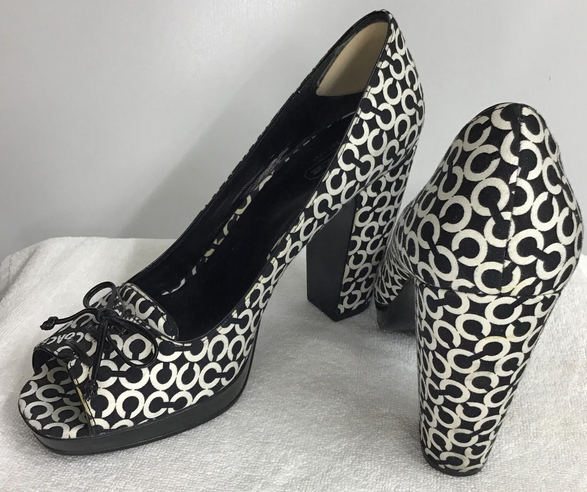 Coach Shoe Black And White Logo Print Open Toe Fat Heel Size 9