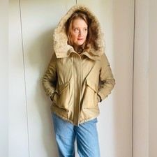 Mango Basics Winter Coat Hooded Tan Neutral Faux Fur Small Warm Cozy Faux Fur