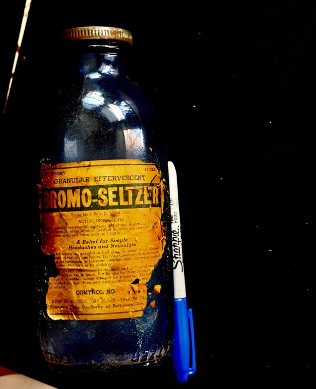 Vintage 8" Cobalt Glass Blue "BROMO SELTZER Emerson Drug Store,label pealing a l