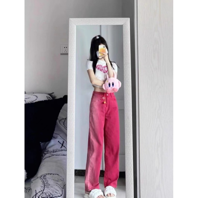 Women's Fashion Retro Gradient Straight Jeans Rose Red Loose Wide Leg Pants